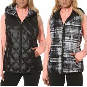 Gerry Black Gray White Plaid Reversible Down Carbon Sheen Hood Pack Puffer Vest